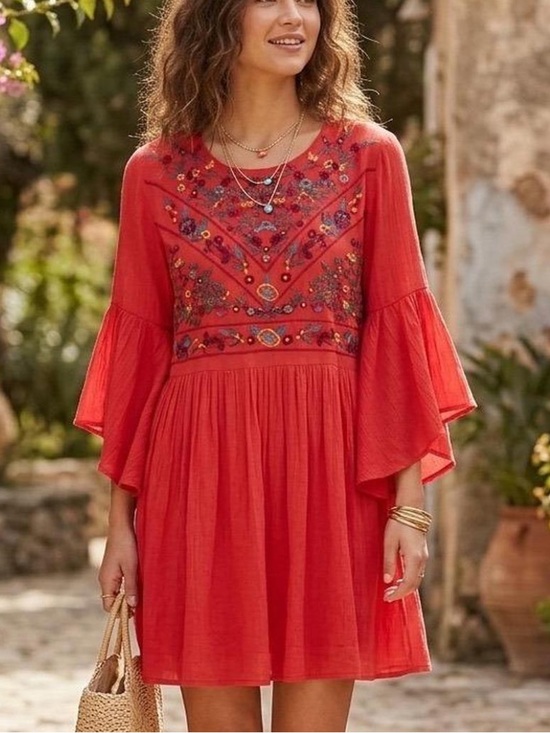Umgee Tops - Umgee Red Embroidered Bell-Sleeve Tunic Dress